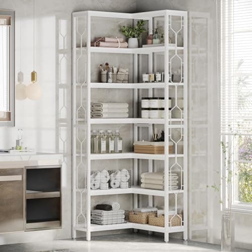 Tribesigns 7-Tier Industrial White Wood & Metal Corner Bookshelf
