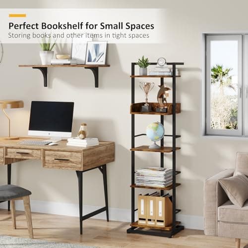 Rustic Brown 5 Tier Wood Bookshelf with Metal Edge Protection