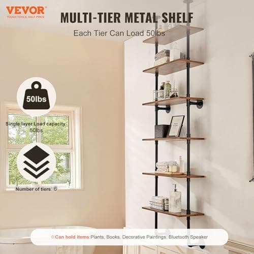 VEVOR Black Rustic Wood 6 Tier Wall-Mounted Float Shelf Kitchen Bedroom Storage