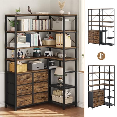 7-Tier Industrial Corner Bookshelf with Fabric Drawers - Rustic Brown