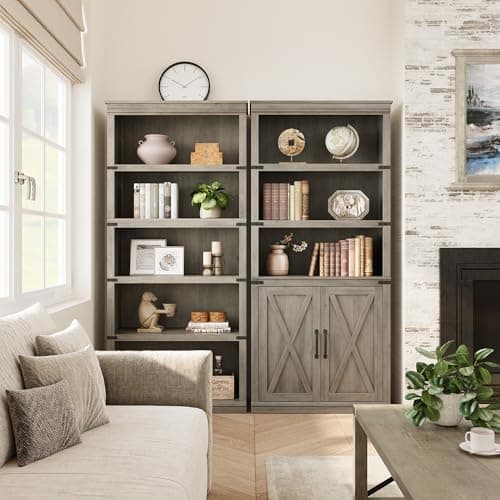 GAOMON 5 Tier Farmhouse Bookcase with Doors, 70 inch Tall Storage Cabinet