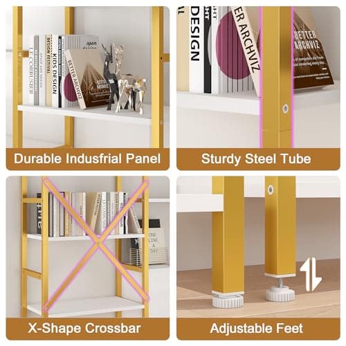Yusong Industrial White & Gold Triple Wide 5 Tier Bookshelf with Storage