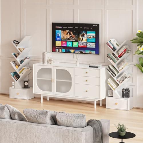White 8-Tier Tree Bookshelf with Drawer, Free-Standing Wood Bookcase
