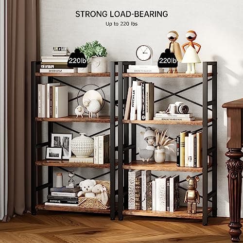 Rustic Brown 4 Tier Bookshelf for Living Room, Bedroom, Home Office