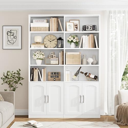 Double Wide 6 Tier White Bookshelf with Doors & Storage Cabinets for Home Office