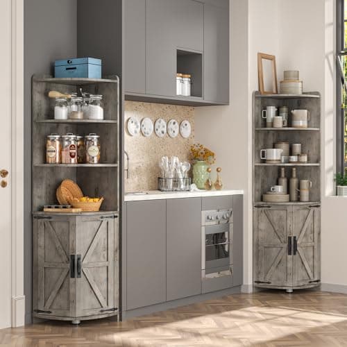 Vintage Grey Farmhouse Corner Cabinet with Barn Doors, 6 Shelves, 65.16" Tall