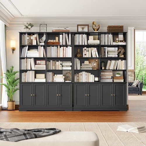 Finetones 73" Tall Black Bookshelf with Doors, 6-Tier Storage Large Bookcase
