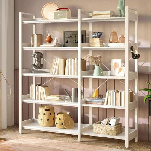 Rolanstar 5-Tier Industrial Wooden Bookshelf with Hooks, White