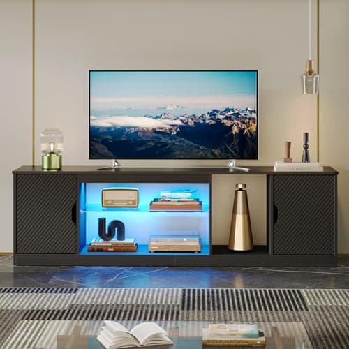 Bestier Washed Gray LED TV Stand & Entertainment Center 70 Inch, Adjustable Glass Shelves, Perfect for TVs up to 80 Inch