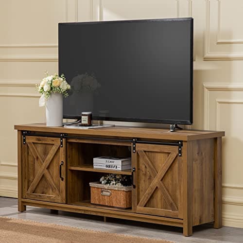 GAZHOME Dark Grey Rustic Modern Farmhouse TV Stand with Sliding Doors Storage