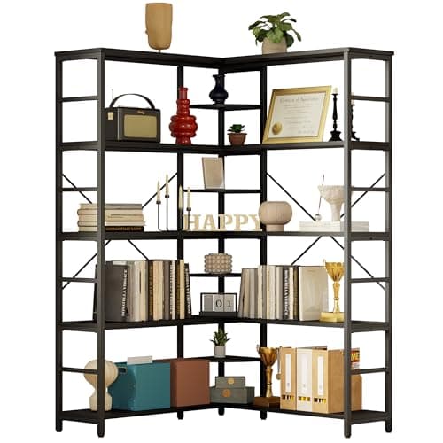 IRONCK 5-Tier Curved Corner Bookcase, Black, for Living Room and Home Office