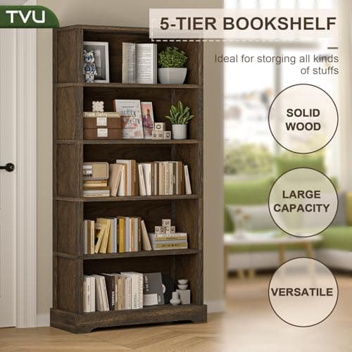 Rustic Brown 5-Shelf 65" Tall Bookshelf with Storage