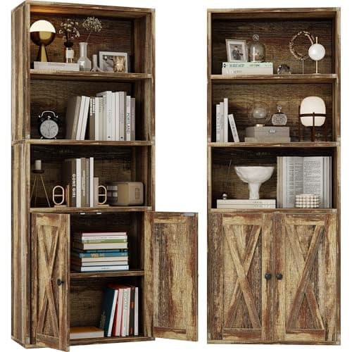 IRONCK Industrial Bookshelves with Doors, 11.8in Depth, 5 Shelf Storage, Home Office Decor