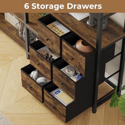 Industrial 6 Tier Bookshelf with Fabric Drawers - Large Corner L-Shaped Shelf - Rustic Brown