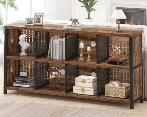 LVB Rustic Horizontal Bookshelf, Industrial Metal Wood Storage Organizer