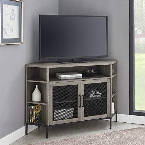 Walker Edison Modern Grey Wash Metal Mesh and Wood TV Stand with Open Shelves, 48 Inch, Up to 55" Flat Screen