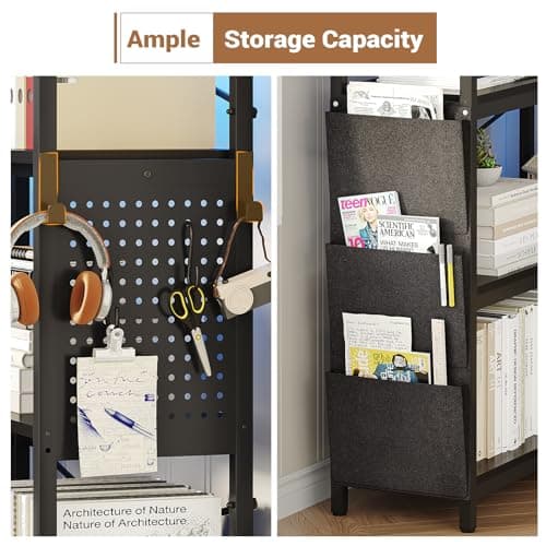 Itaar Corner Bookshelf with Pegboard & LED Light, Black 63" W