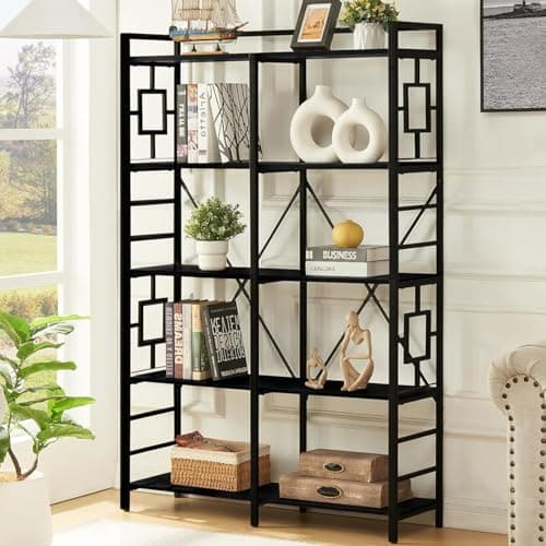 Industrial Double Wide 5-Tier Bookshelf for Home Decor - Rustic Brown