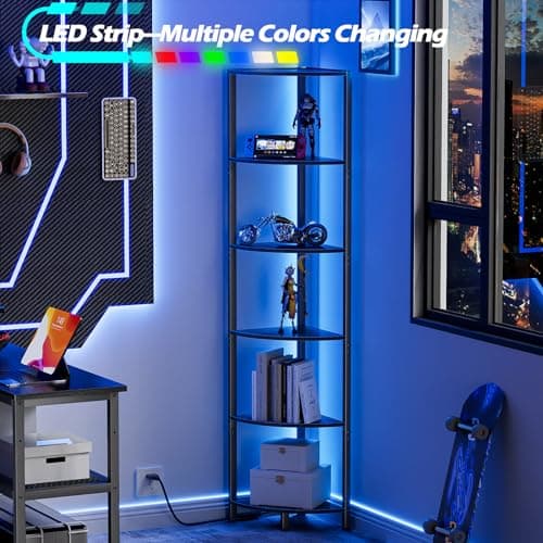 Furnulem 6 Tier LED Light Standing Shelf, 67.5” Tall, Black Narrow Bookshelf with Storage