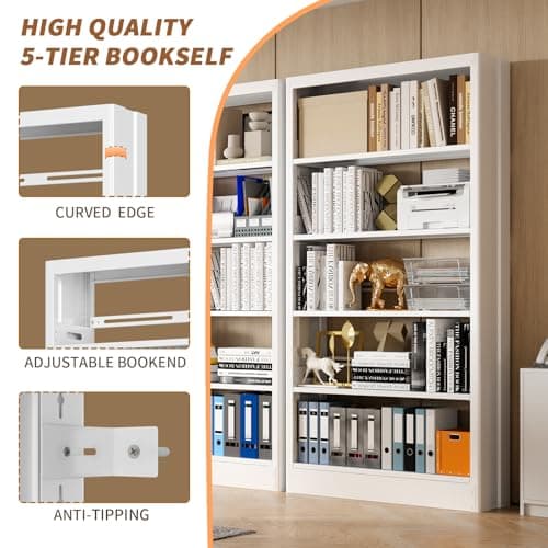 71" Tall Metal White Bookshelf with Adjustable Shelves, 5-Tier Heavy Duty, Modern Library & Living Room Book Case