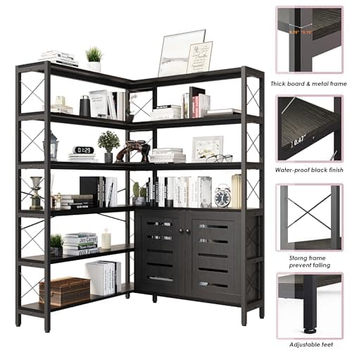 Vintage Industrial 6-Shelf Black Corner Bookshelf with Metal Frame