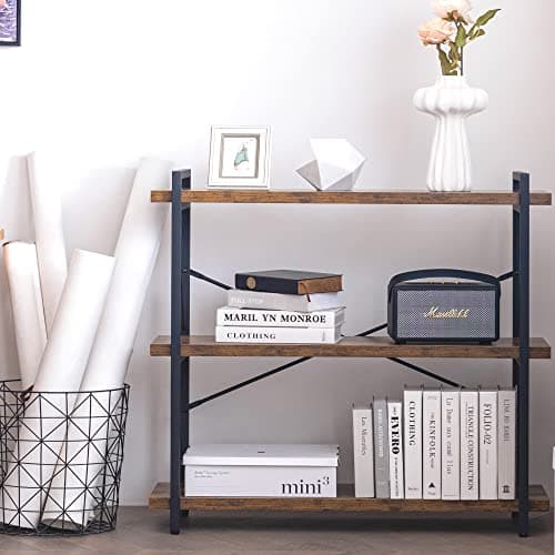 HCHQHS 3-Tier Rustic Wood and Metal Bookshelf