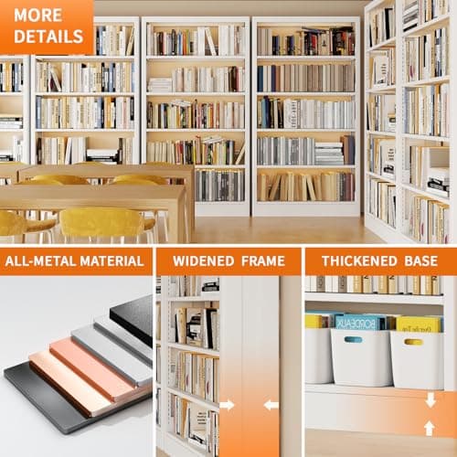 71" Tall Metal White Bookshelf with Adjustable Shelves, 5-Tier Heavy Duty, Modern Library & Living Room Book Case