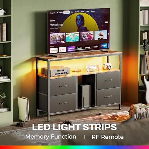 Rustic TV Stand Dresser with Power Outlets and LED Lights for 50 43 Inch TV