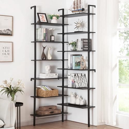 Modern Industrial 12-Tier L-Shaped Corner Bookshelf for Home Office, Black