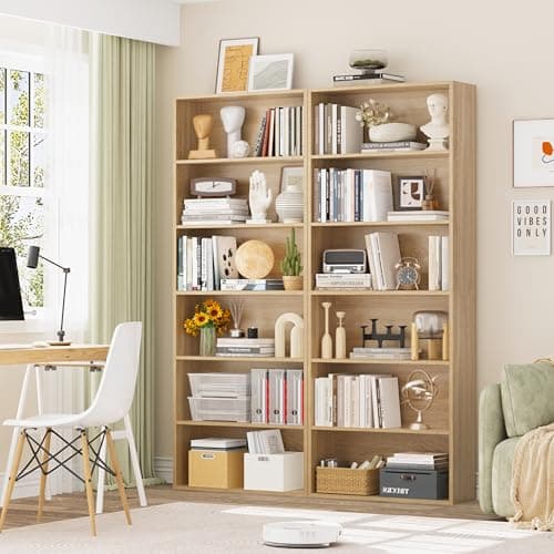 Fotosok Light Oak 6-Tier Bookshelf for Bedroom, Living Room & Office