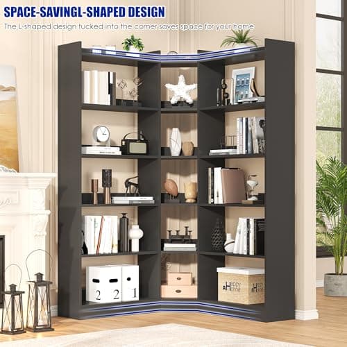 Industrial Black 6-Tier L-Shaped Corner Bookshelf with Baffle_storage Rack