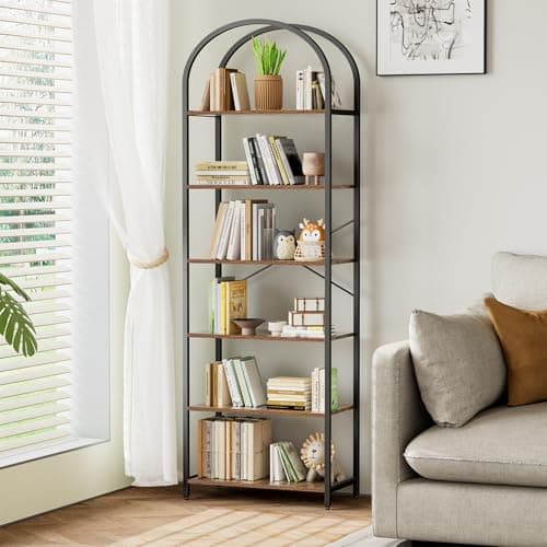 Homhedy 6-Tier Arched Wood & Metal Bookshelf, Tall Standing Display Unit, Rustic Brown