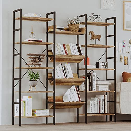 IRONCK Industrial Triple Wide 5 Tiers Bookshelf with Metal Frame for Living Room and Home Office