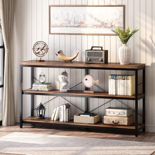 Semoic 3-Tier Industrial Wood Bookshelf, Brown Metal Frame, Living Room & Study Storage Organizer