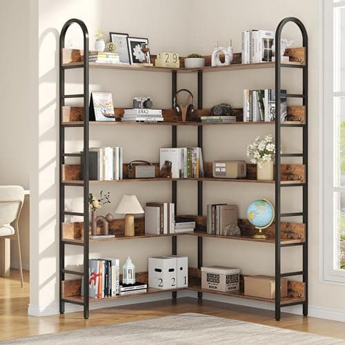 Semoic 3-Tier Industrial Wood Bookshelf, Brown Metal Frame, Living Room & Study Storage Organizer