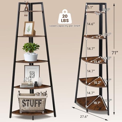70" Tall Rustic Brown 5 Tier Corner Shelf for Books, Plants, Storage