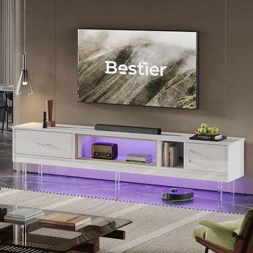 Modern TV Stand for 85 inch TV with Storage Drawer & Cabinets in White Gold
