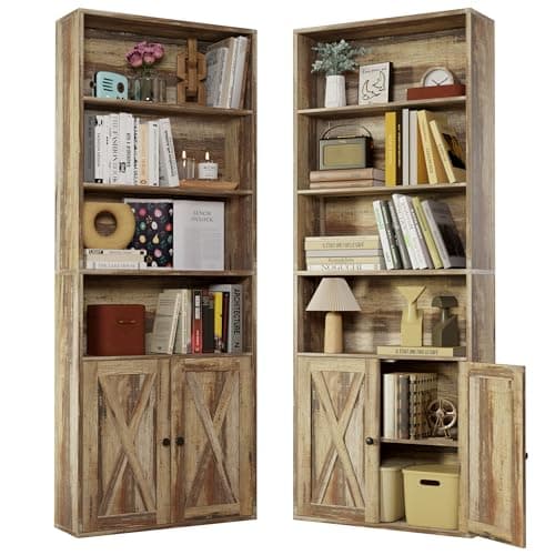 Industrial Bookshelves Set of 2 with Doors and 6 Shelves for Home Office and Living Room