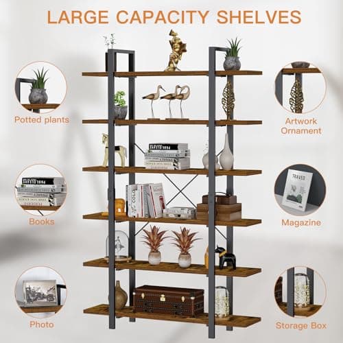 FRAPOW 6 Tier Industrial Bookshelf, 83 Inch Tall Rustic Open Metal Frame