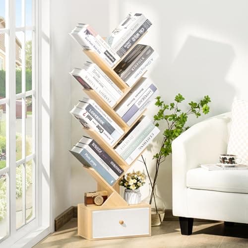 Natural 8-Tier Standing Wood Bookshelf with Drawer for Narrow Spaces