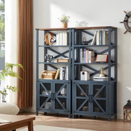 Navy Blue 5 Tier 70" Tall Barn Door Bookshelf for Living Room and Kitchen