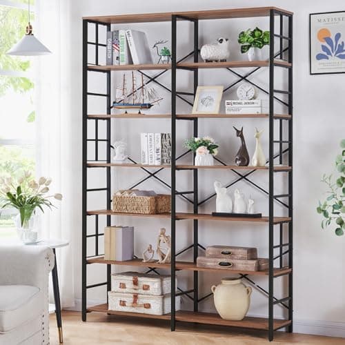 Industrial Double Wide Bookshelf for Home Office and Living Room Storage, 7-Tier, Rustic Brown