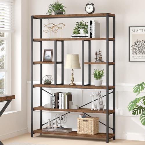 Vintage Brown Metal Wood 6 Tier Bookshelf for Living Room and Bedroom