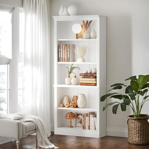 Furniwell Cherry 5-Shelf Tall Wood Bookcase, Large Storage for Library, Bedroom, Living Room