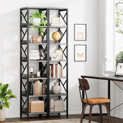 Extra Tall Narrow 78.7 Inch Bookshelf, 7 Tier Gray Brown Storage Organizer for Home Office