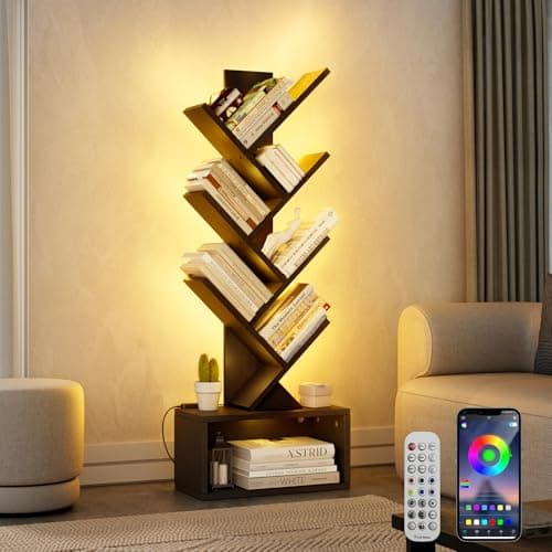 Rustic Brown 6-Tier LED Bookshelf with Music Sync & Remote Control