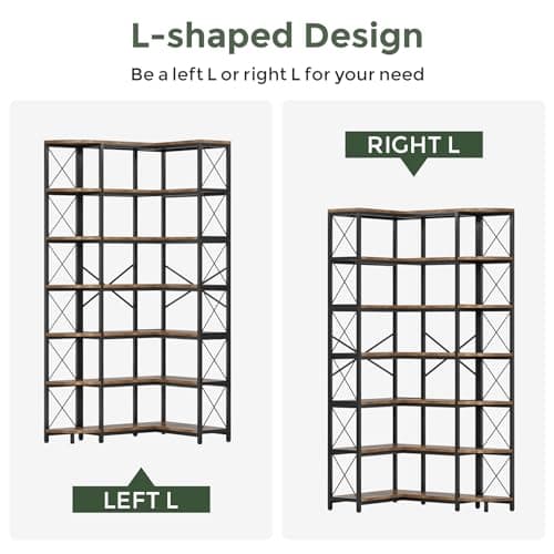 Modern Industrial 7-Shelf Reversible Corner Bookshelf with Metal Frame, Rustic Brown for Living Room, Home Office, Bedro