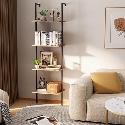 Industrial Brown 4-Tier Metal Bookshelf with Wall Mount Storage Rack