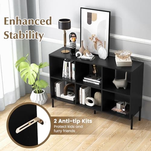 Giantex 6 Cube Bookcase, 3-Tier Wood Shelf, 47" Long, Anti-Toppling, 31.5" Tall
