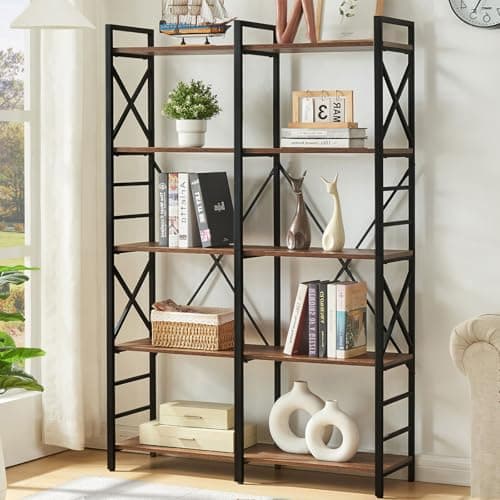 HOMBAZAAR Industrial Double Wide 5 Tier Black Bookshelf